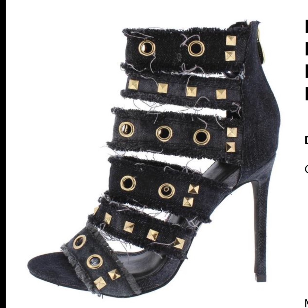 Black Denim Frayed Distress Studded Strappy Heels - Picture 4 of 4